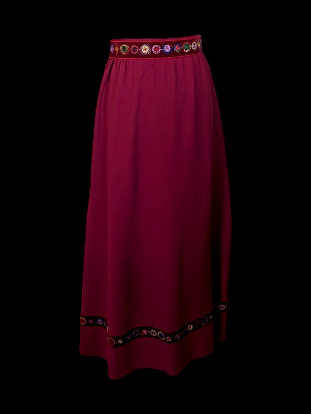 1960s High Waisted Dark Red Skirt with Floral Embroidery Trim